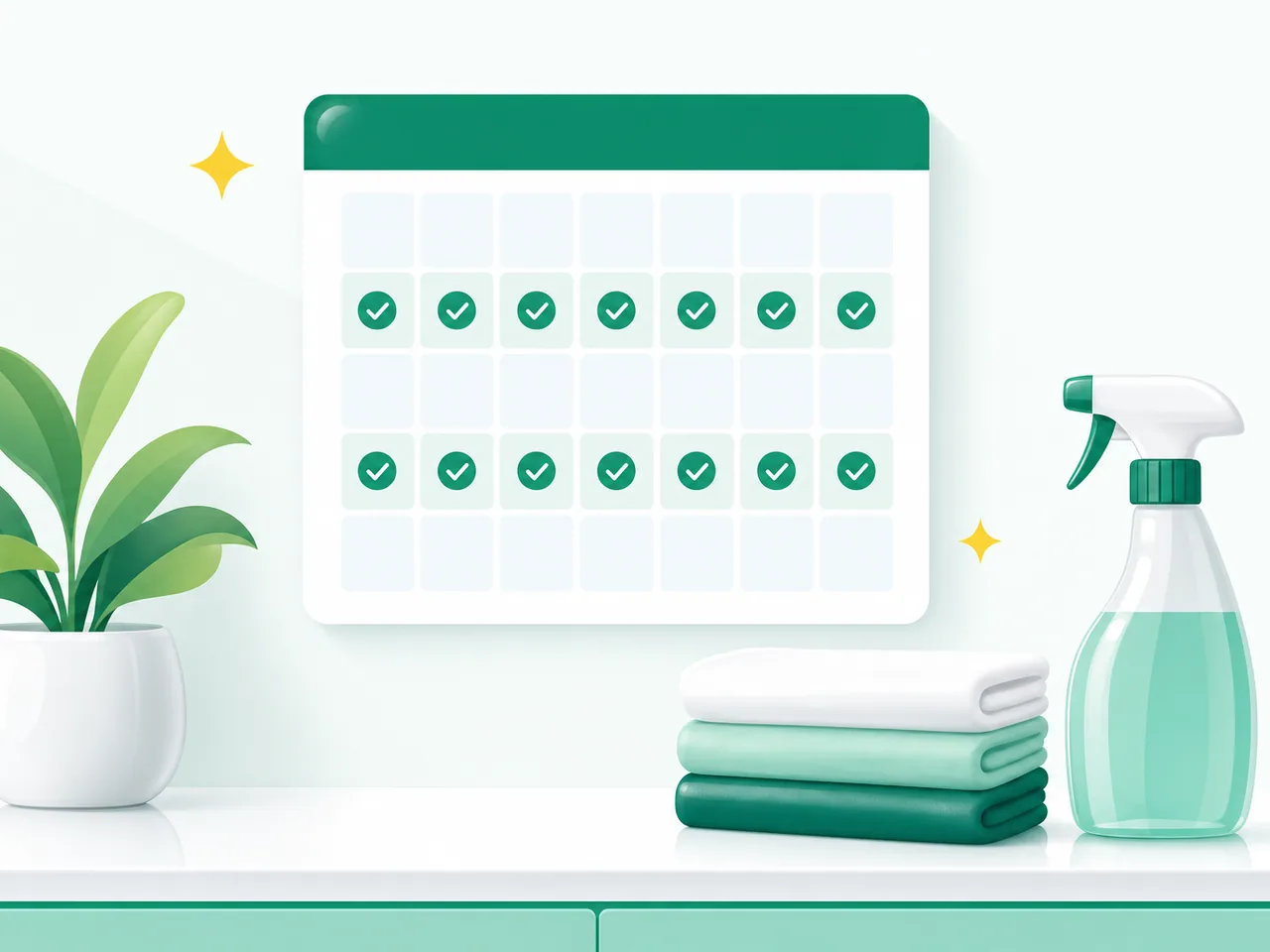 Fresh flat illustration of a booking calendar card with repeating biweekly cleans, folded towels, and a spray bottle