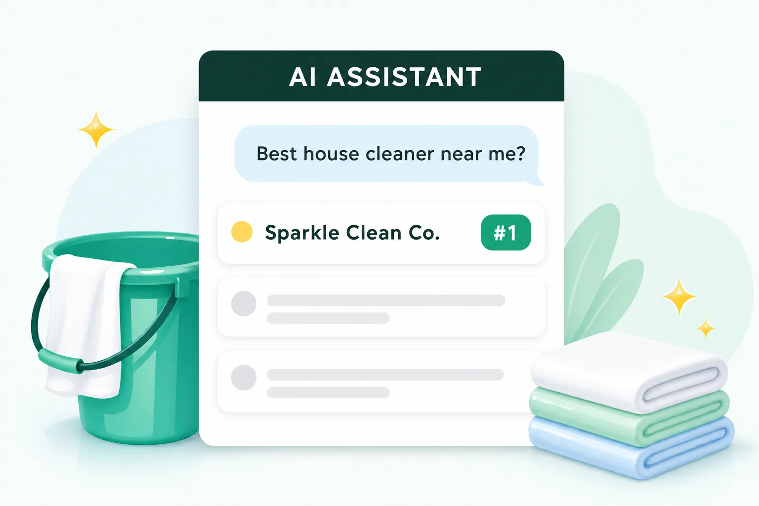 Fresh flat illustration of a chat card where an AI assistant lists three cleaning companies, next to a bucket and sparkles