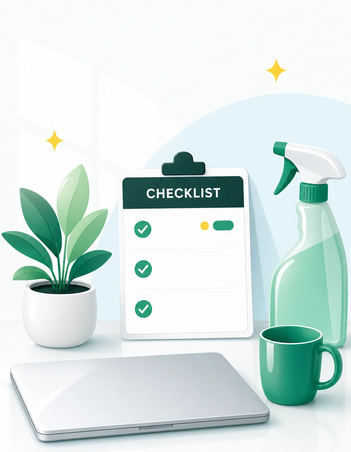 Fresh flat illustration of a tidy desk with a laptop, a checklist card, a spray bottle, and a plant