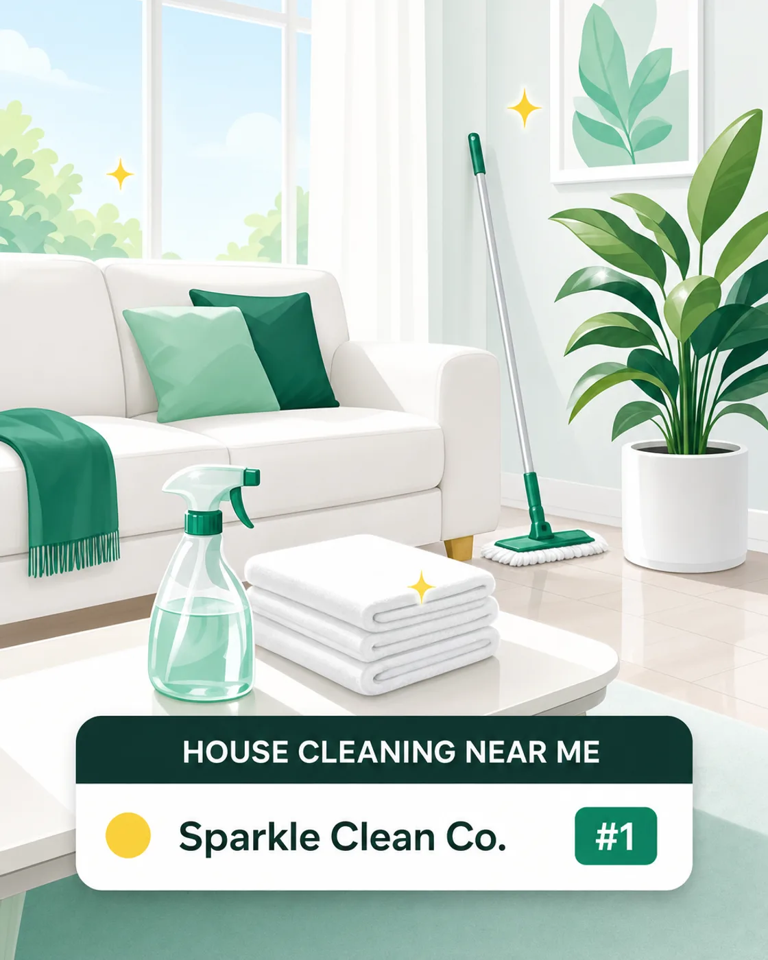 Fresh flat illustration of a bright, freshly cleaned living room with a spray bottle, folded towels, and a sparkle, with a ranking card showing a cleaning company at number one on Google