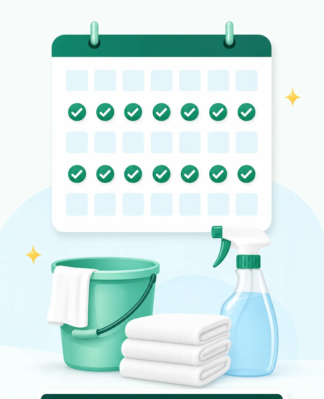 Fresh flat illustration of a booking calendar card filled with recurring cleans next to folded towels and a bucket