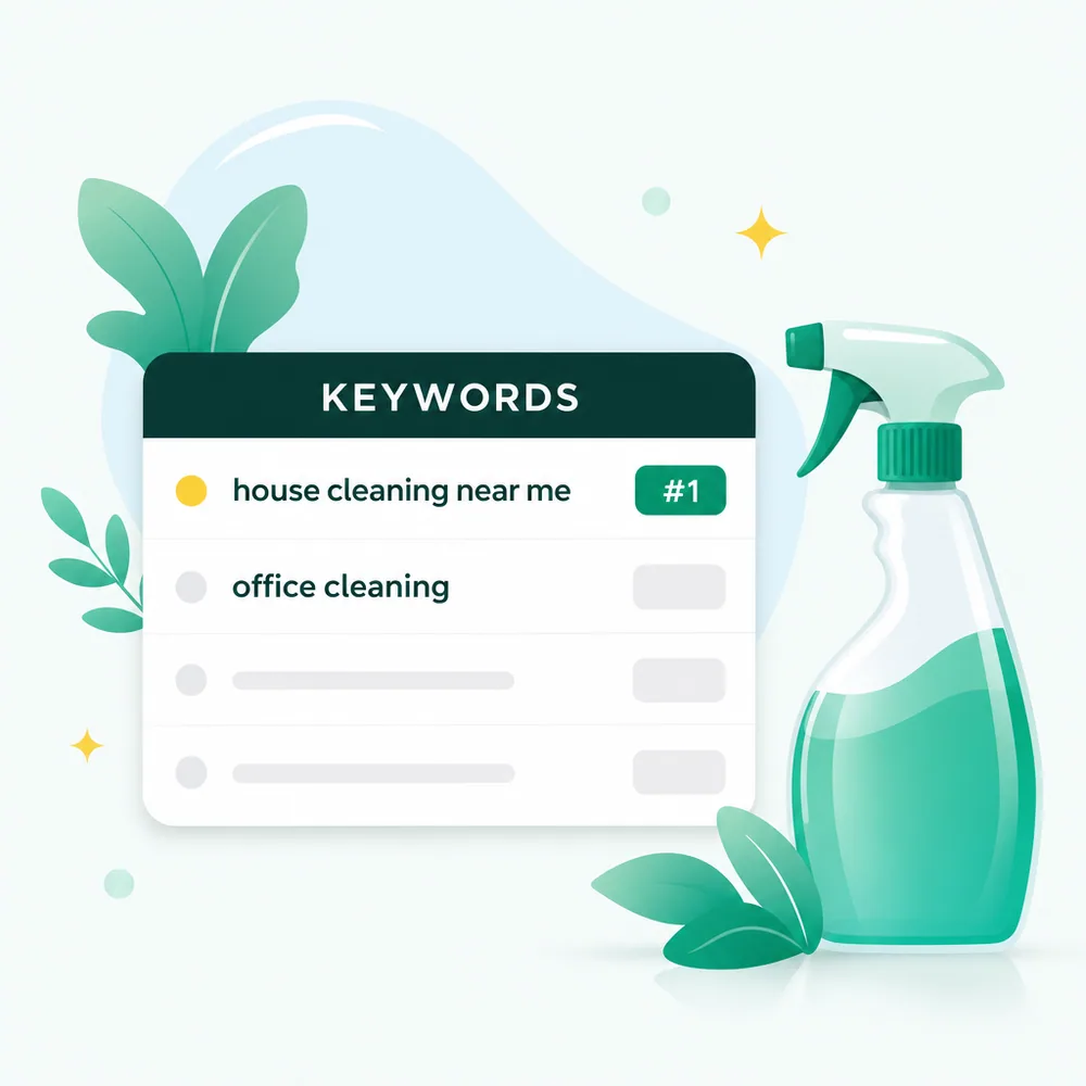Fresh flat illustration of a keyword list card with rows for house cleaning near me and office cleaning, beside a spray bottle