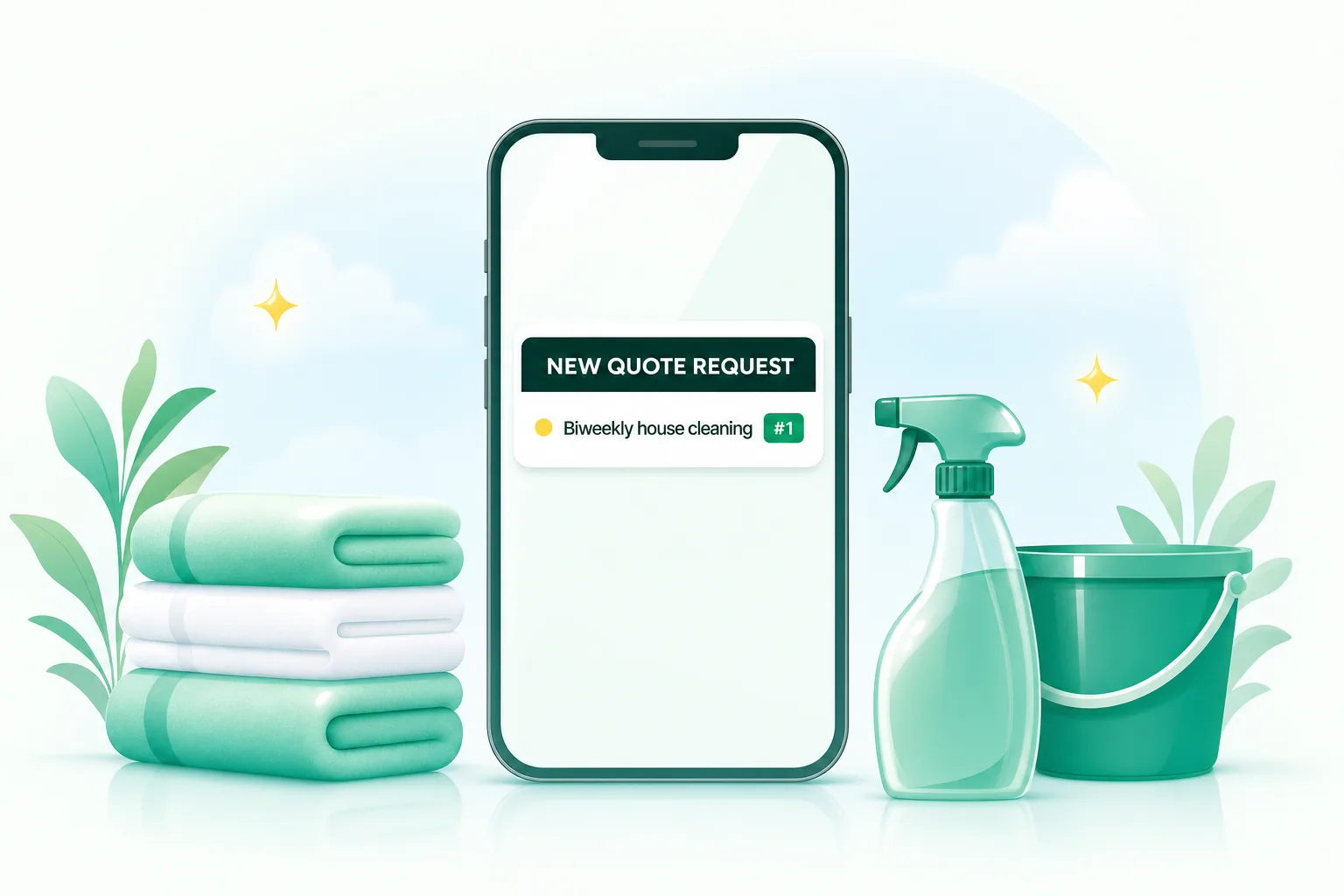 Fresh flat illustration of a phone showing a new quote request card for a biweekly house cleaning, with a number one rank chip, sparkles, and folded towels
