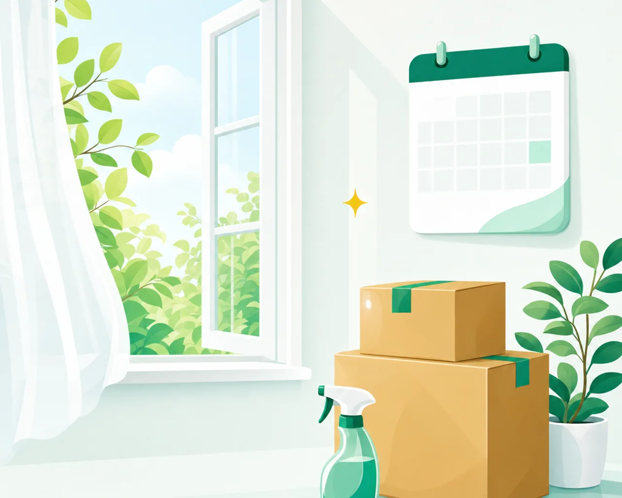 Fresh flat illustration of a bright spring window with a calendar card, moving boxes, and a spray bottle