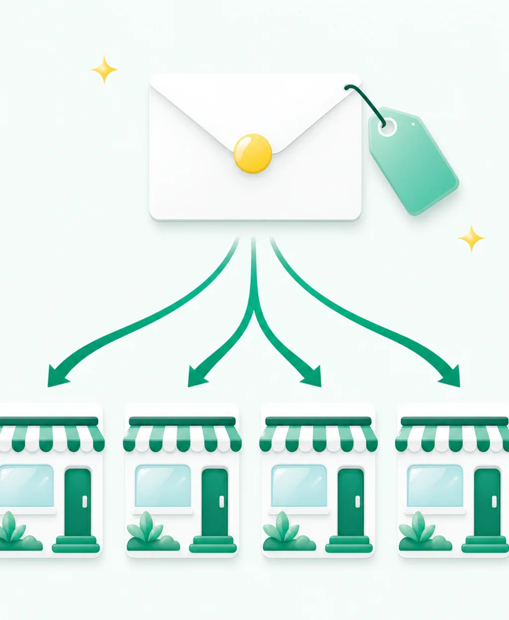 Fresh flat illustration of one quote request card splitting into four arrows toward four competing cleaning companies