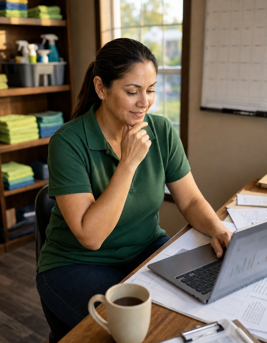 Cleaning company owner in an emerald polo reviewing results on a laptop at her desk