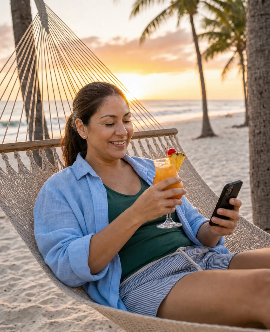 Cleaning company owner relaxing in a beach hammock and smiling at her phone while quote requests come in