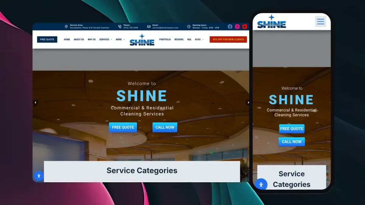 Shine Clean commercial and residential cleaning website on a laptop and a phone