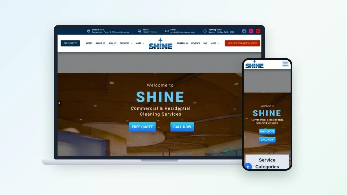 Shine Clean commercial and residential cleaning website on a laptop and a phone