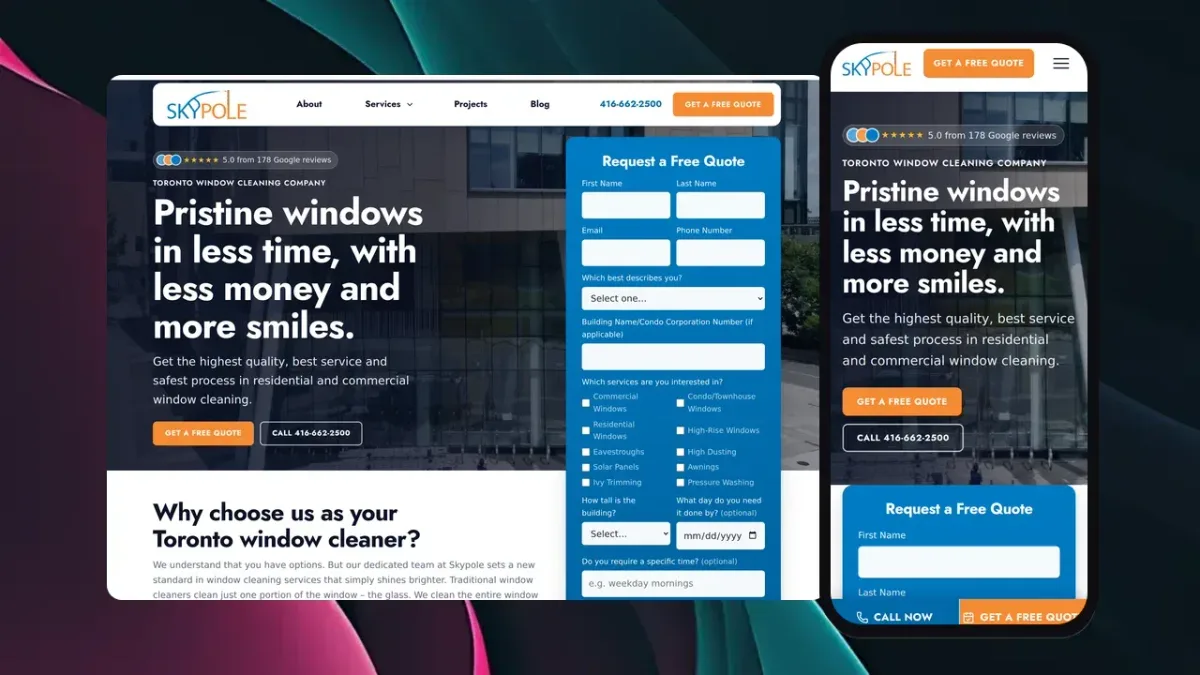 Skypole window cleaning website with a quote request form, on a laptop and a phone