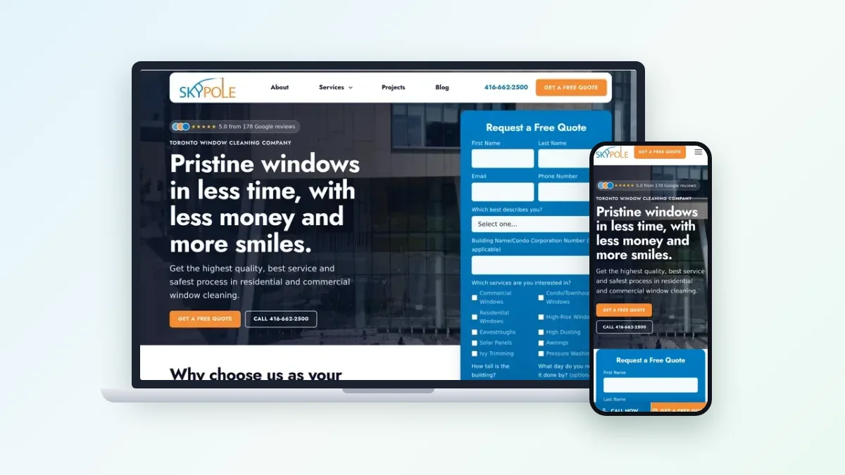 Skypole window cleaning website with a quote request form, on a laptop and a phone