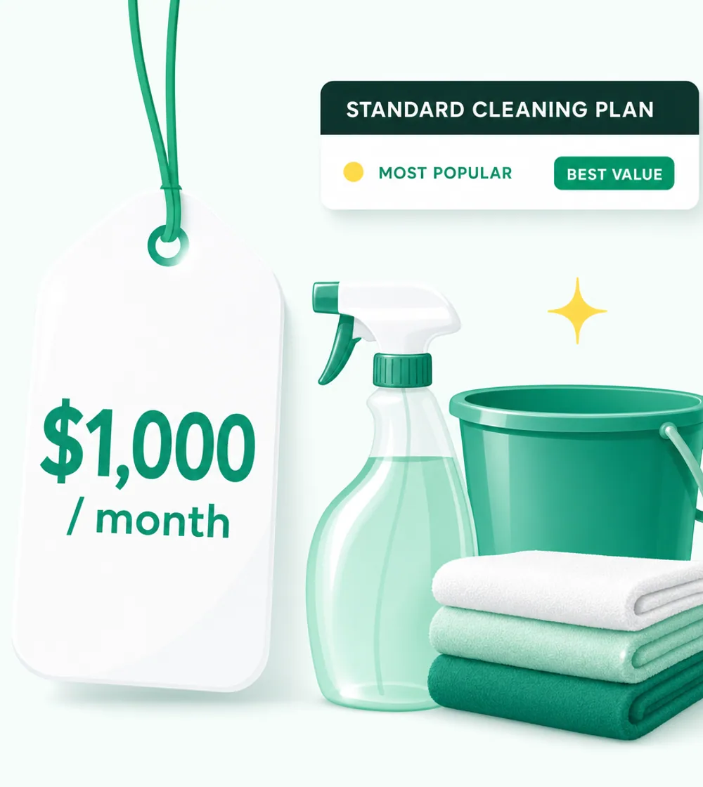 Fresh flat illustration of a price tag card reading $1,000 a month beside a spray bottle, folded towels, and a sparkle