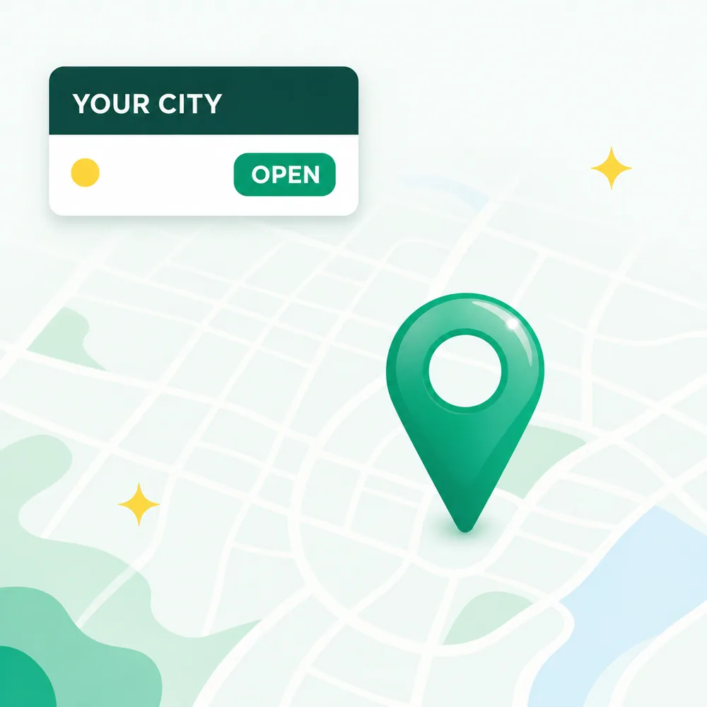 Fresh flat illustration of a map pin over a city grid with a cleaning company card marked open
