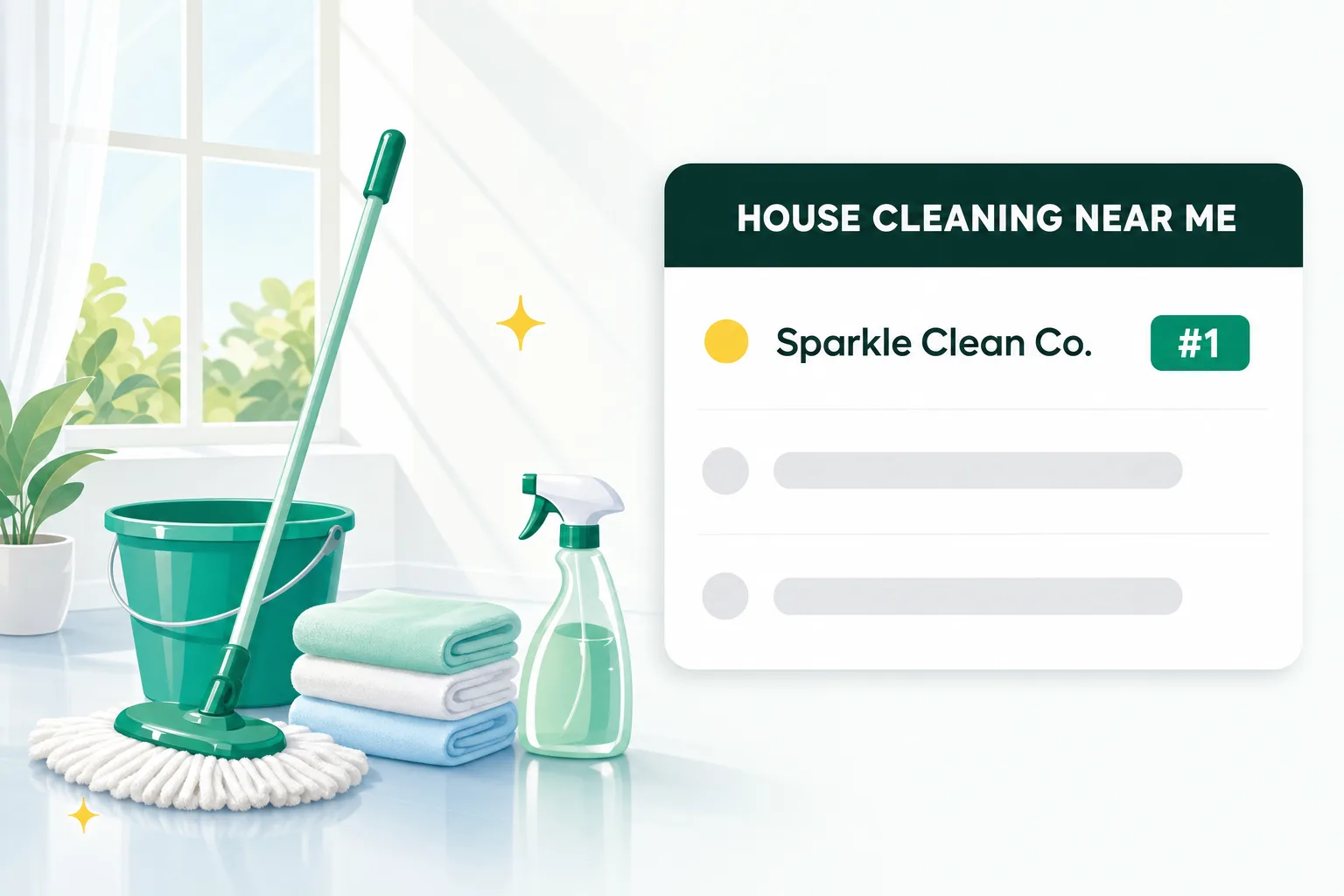 Fresh flat illustration: a search card for house cleaning near me with a cleaning company ranked number one, next to a bright room with a spray bottle and folded towels