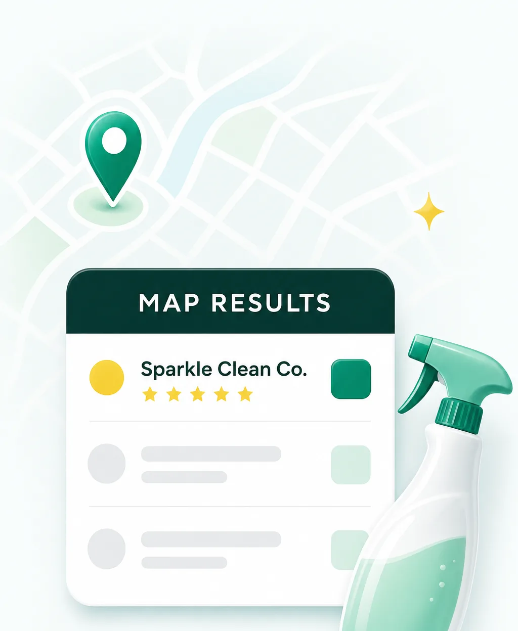 Fresh flat illustration of a map pack card listing three cleaning companies with star ratings, the first one highlighted