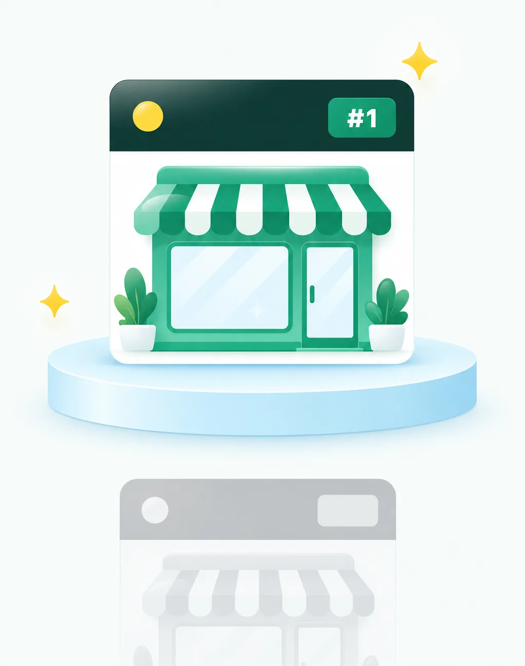 Fresh flat illustration contrasting a faded, hidden cleaning company card with a bright one ranked at the top of Google