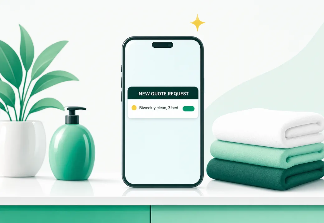 Fresh flat illustration of a phone showing a new quote request card for a biweekly cleaning, with a lemon sparkle