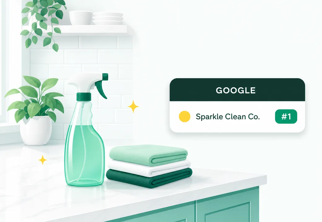 Fresh flat illustration of a bright room with a spray bottle, folded towels, and a ranking card showing a cleaning company at number one