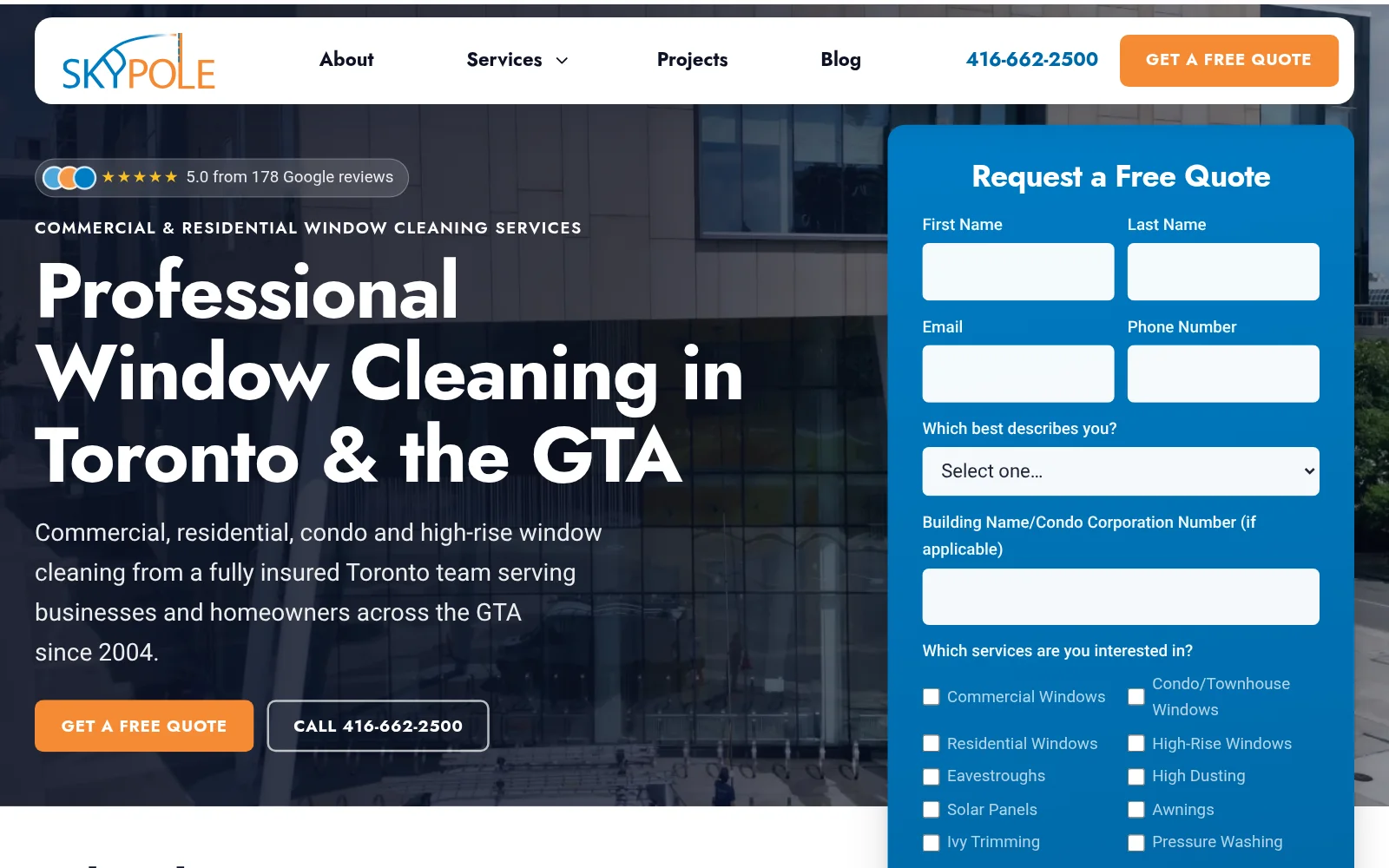 The Skypole website we built, shown on a laptop: Professional Window Cleaning in Toronto and the GTA, with a Request a Free Quote form