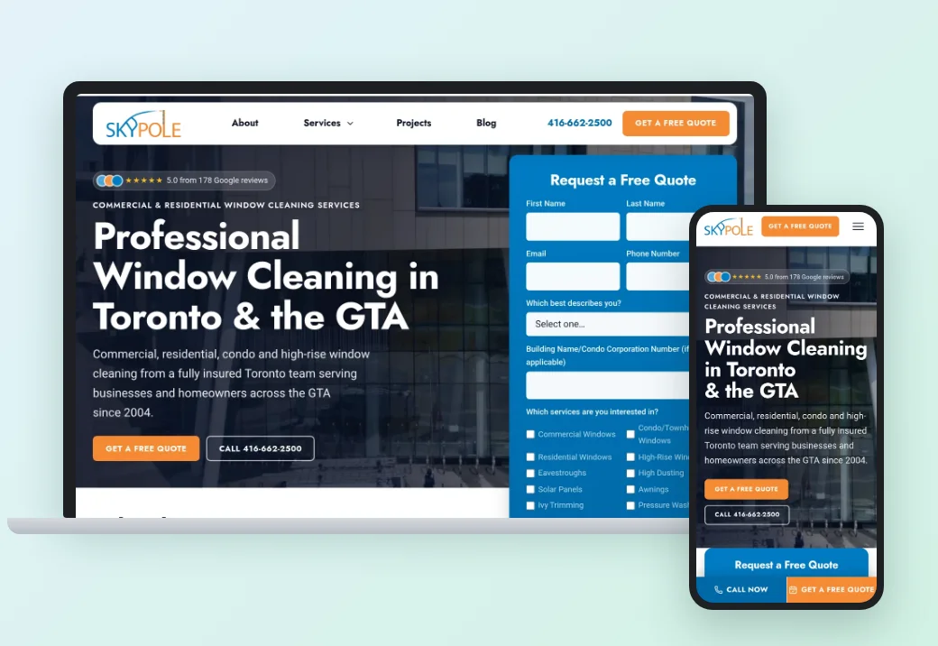 The Skypole window cleaning website we built through RapidWebLaunch, shown on a laptop and a phone