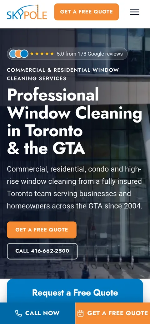 The same Skypole website on a phone, with Get a Free Quote and Call buttons